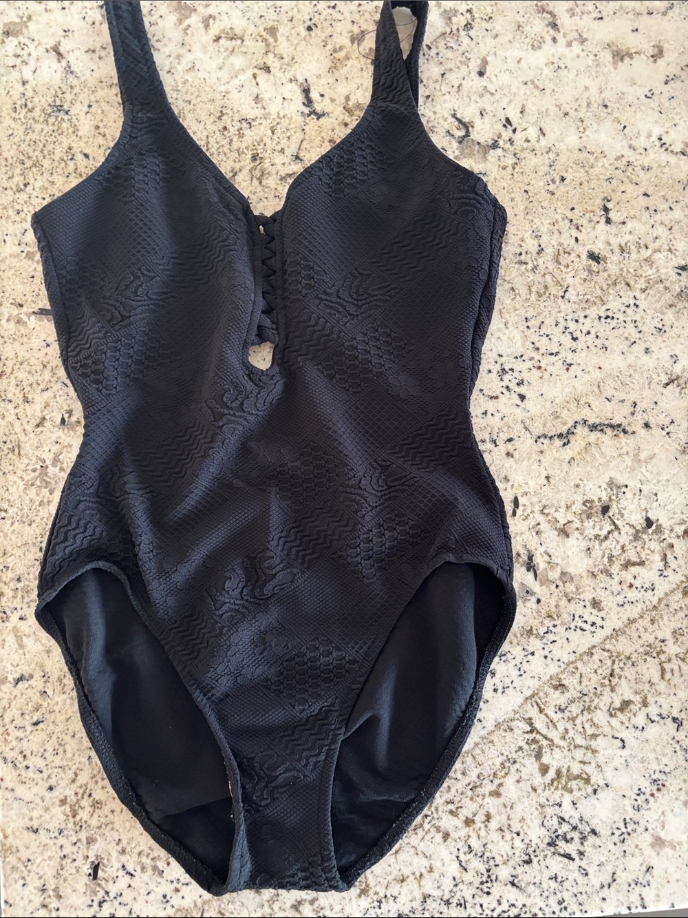 Woman’s Black Textured One-Piece Swimsuit with Keyhole Detail